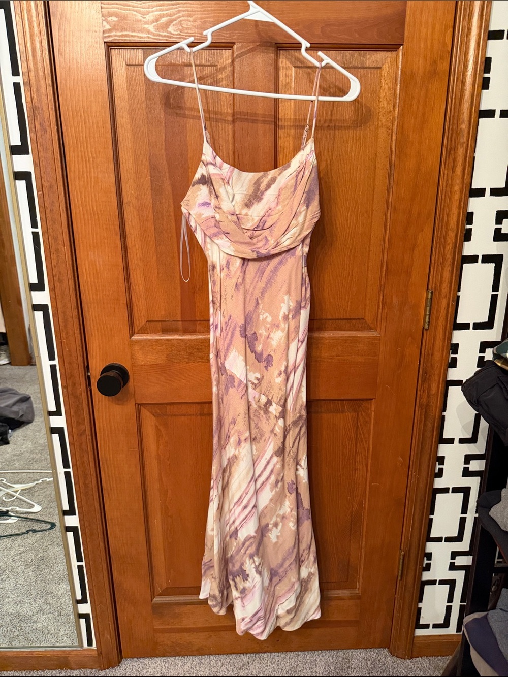 Cowl Neck Marble-Print Maxi Dress in Blush Pink and Lavender